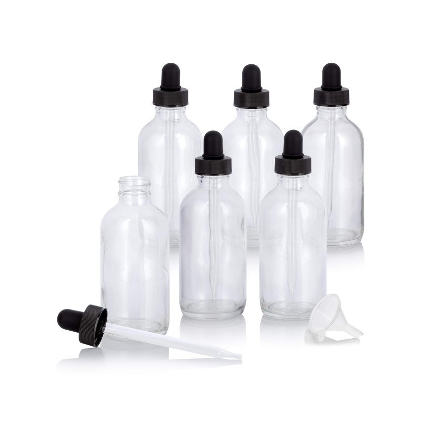 Boston Round 60 ML (2 OZ) Clear Glass Round Bottles with Black Bulb Glass Droppers