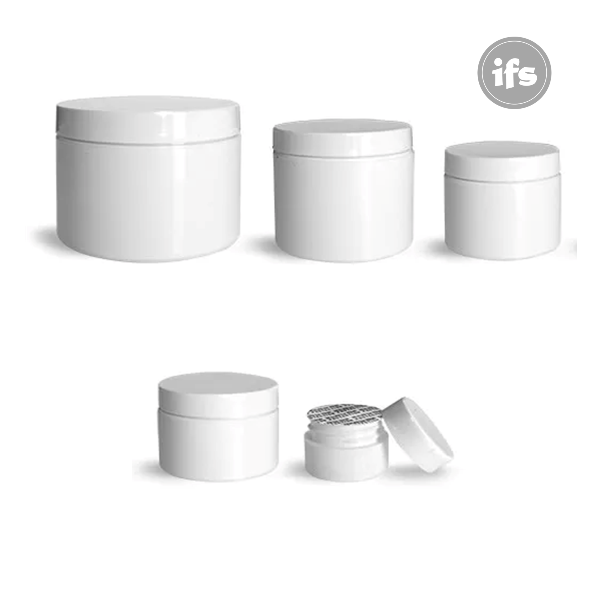 Plastic Jars, White Polypropylene Double Wall Straight Sided Jars w/ White Smooth Caps (1 oz.)