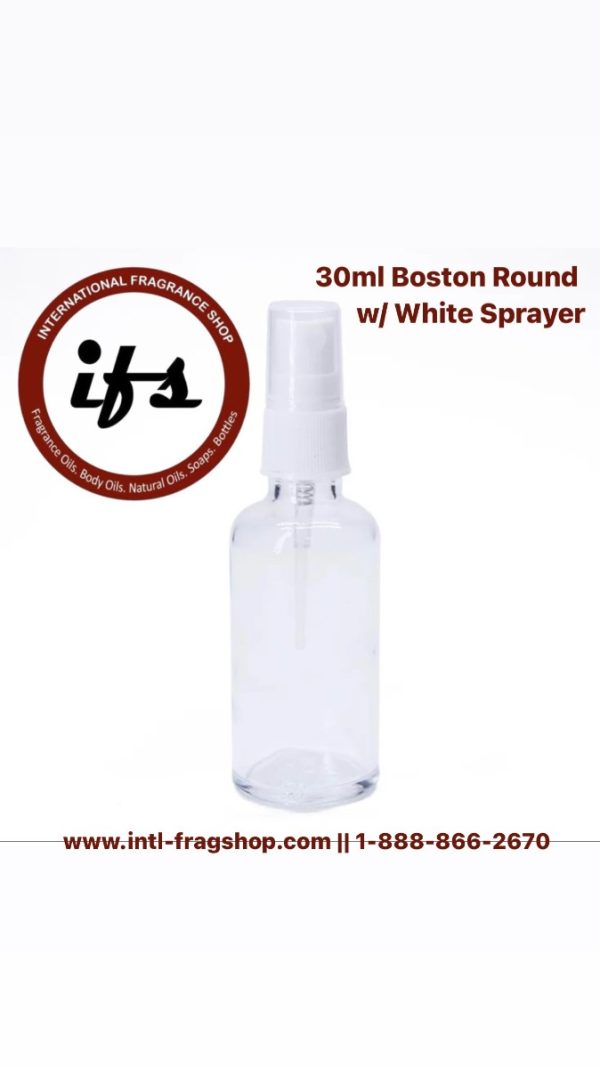 30 ml Boston Round Empty Glass Bottle with White Fine Mist Spray Pump