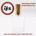 30 ml Square Flat Empty Glass Perfume Bottle with Gold Fine Mist Spray Pumps