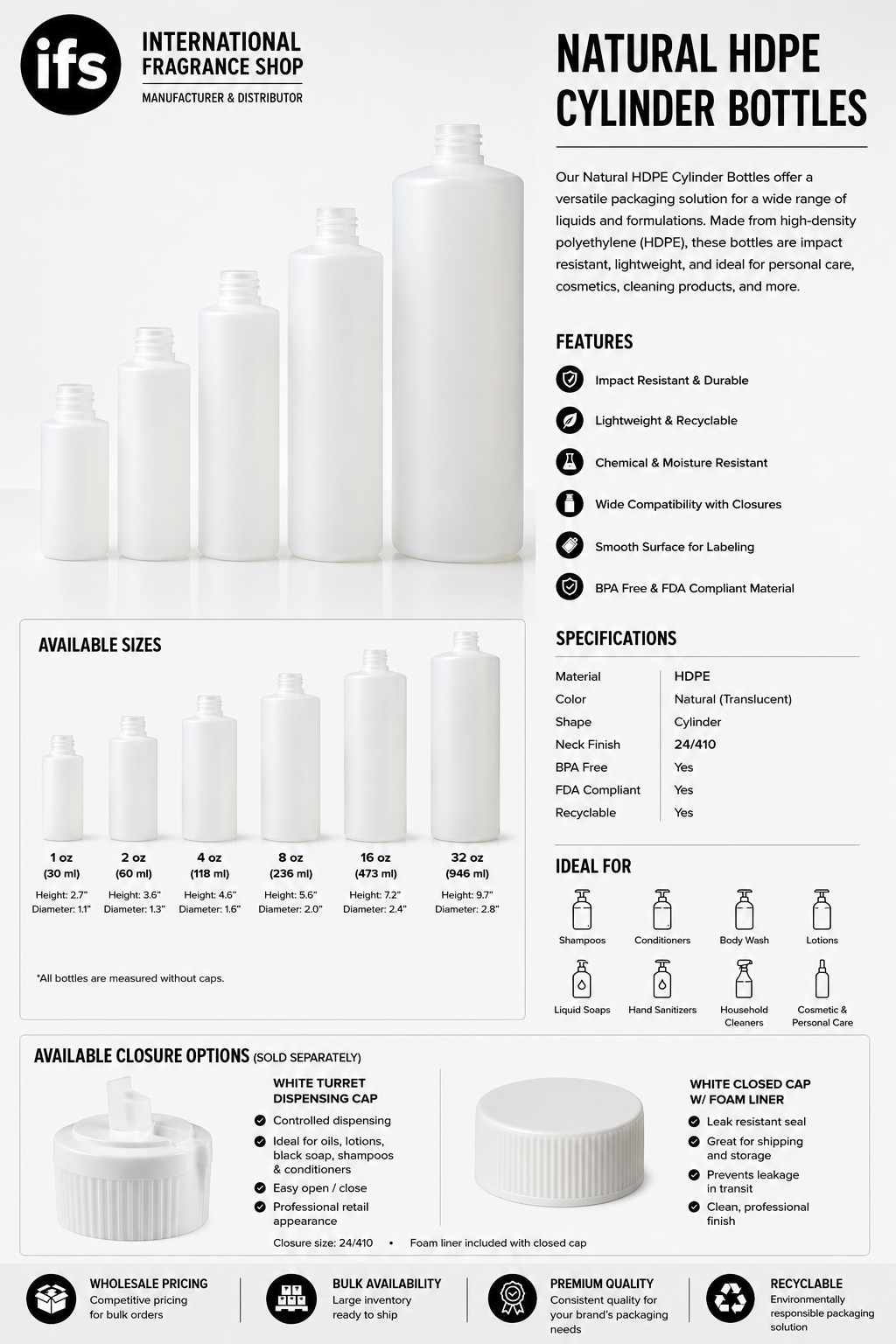 HDPE CYLINDER 32 oz Natural HDPE Cylinder Bottle - Image 1